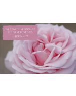 We love him, because he first loved us. (1 John 4:19) 

Artwork design features gorgeous soft pink rose accompanied by bible verse on pastel pink.